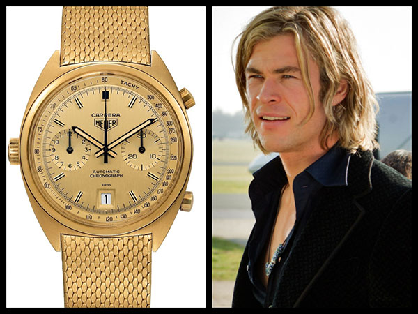 The all-gold Carrera Chronograph from 1974; actor Chris Hemsworth wearing in a Gucci jacket. © TAG Heuer/Jaap Buitendijk