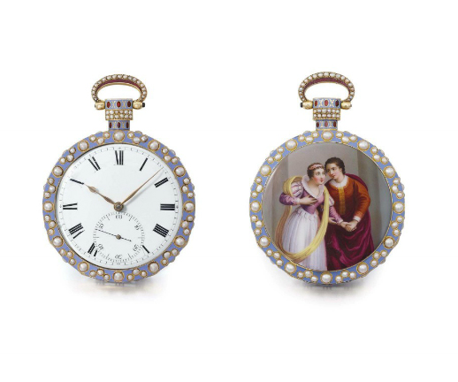 A very fine 18k gold, enamel and pearl-set openface duplex watch with enamel attributed to Dupont, made for the Chinese market. Signed Bovet, London, No. 274, Circa 1820