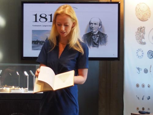 Joanna Lange showing the original Lange book of watchmaking secrets. © Roberta Naas