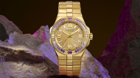 Alpine Eagle in ethical 18-carat yellow gold featuring a bezel set with pink and white sapphires and a "Golden Peak" dial  © Chopard 