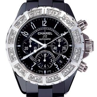 J12 Chronographe, céramique noire, lunette acier serti diamants