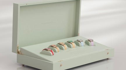 Jardin d’Hiver, un coffret édité en série limitée à 6 exemplaires renfermant 6 montres Lili Bouton en or rose et diamants dont chacun présente un cadran unique au choix en Opale rouge, Opale Fanta du Chiapas mexicain, Opale jaune du Brésil, Chrysoprase Australienne, Topaze d’Arizona et Améthyste Péruvienne... CHF 230'000 © Beauregard