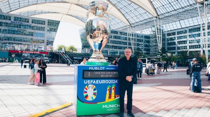 Hublot CEO Ricardo Guadalupe with the with the UEFA EURO 2024 countdown clock in Munich 