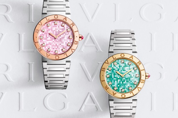 The Bvlgari Bvlgari watch is a 1970s classic still being reimagined for today. Its latest iterations, in both steel and yellow gold and steel and pink gold, sport summery mother-of-pearl marquetry dials and uphold its elegant mixed metal heritage © Bvlgari