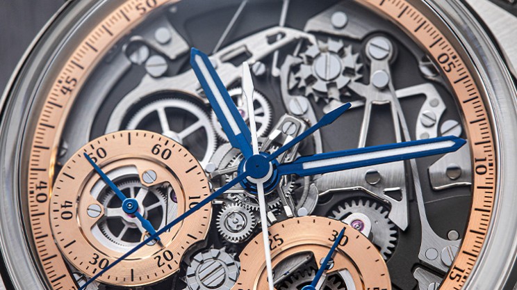 The 25-piece Czapek & Cie Antarctique Rattrapante Gold Dust SHH edition is a split-second mono-pusher chronograph  with its fascinating mechanism visible from the dial side © Czapek & Cie