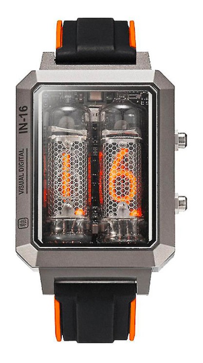 IN-16 Nixie in steel, 45.9 x 47.8 mm, quartz movement, rubber strap. Limited series of 999. CHF 6,999. © Gelfman