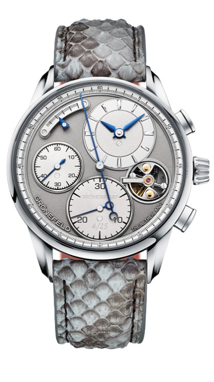 1941 Grönograaf in tantalum, 40 mm diameter, automatic chronograph movement with off-centred hours and minutes, tourbillon escapement, power reserve indicator, leather strap. Limited series of 25 pieces. CHF 160,000. © Grönefeld