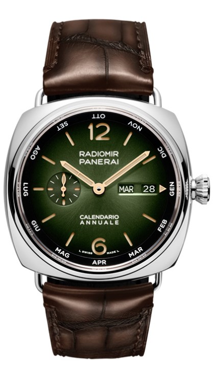 Radiomir Annual Calendar in Platinumtech, 45 mm diameter, automatic movement with window day and date, month on the flange, small second, leather strap. CHF 56,200. © Panerai