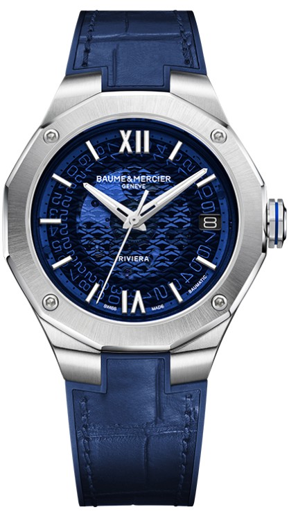 Riviera in steel, 39 mm diameter, automatic movement with window date, interchangeable rubber strap © Baume & Mercier