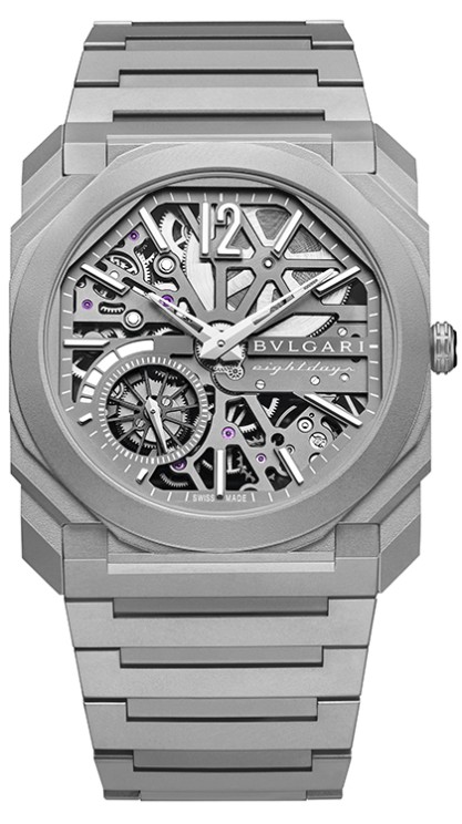 Octo Finissimo in titanium, 40 mm diameter, manual-winding skeleton movement with small seconds, titanium bracelet © Bulgari