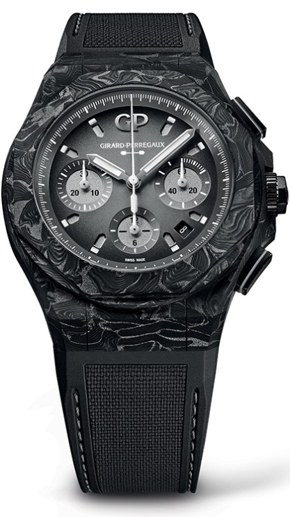 Laureato Absolute 8Tech in carbon-titanium composite, 44 mm diameter, automatic chronograph movement with window date, textile-effect rubber strap © Girard-Perregaux