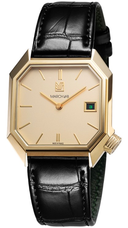 Mansart Golden Hour in gold-plated steel, 34 x 39 mm, automatic movement with window date, leather strap © March Lab