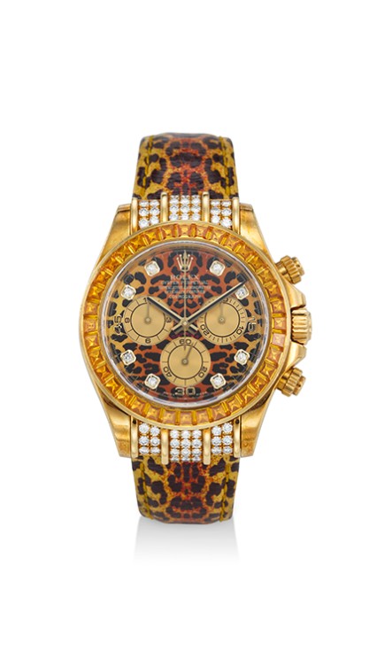 Rolex 18k gold, diamond, and orange sapphire automatic chronograph wristwatch with 'Leopard' Dial, signed Rolex, 'Leopard' Daytona model, ref. 116598 © Christie's