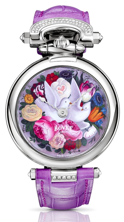 Fleurier 39 Lady in white gold, diamonds-set bezel and lugs, 38 mm diameter, manual-winding movement with off-centre hours and minutes, small seconds and power reserve indicator, leather strap © Bovet