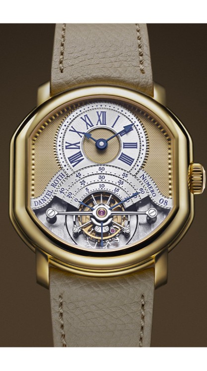 Tourbillon Souscription en or jaune, 39 x 35, 5 mm, mouvement à remontage manuel avec heures et minutes décentrées, petite seconde et échappement à tourbillon, bracelet en cuir. Daniel Roth. CHF 140'000. © Daniel Roth
