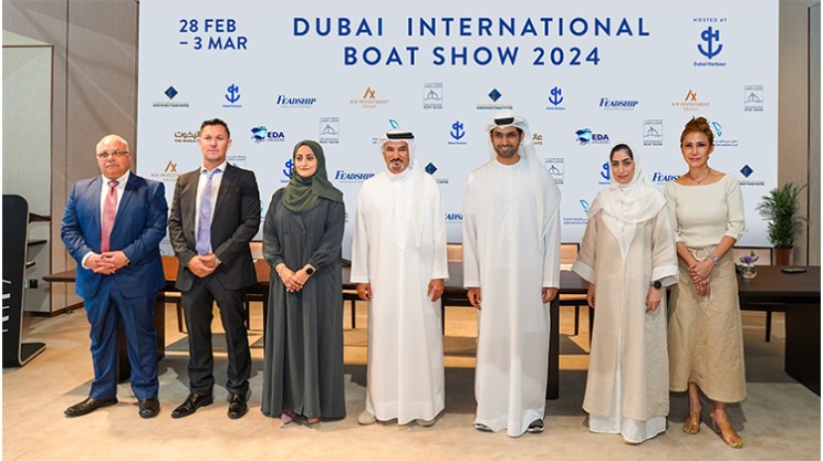 Nouman Al Hakim, Brett Noble, Abeer AlShaali, H.E. Saeed Hareb, Abdulla Binhabtoor, Asma Al Sharif and Trixie LohMirmand ©&nbsp;Dubai Boat Show 2024
