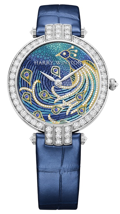 Premier Precious Peacock in white gold, diamond-set bezel, 36 mm diameter, automatic movement, leather strap. Limited edition of 30 ©&nbsp;Harry Winston