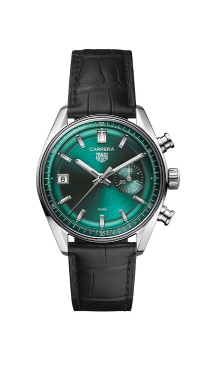 Carrera en acier, 39 mm de diamètre, mouvement chronographe avec date par guichet, bracelet en cuir.&nbsp;TAG Heuer. CHF 6’400. © TAG Heuer