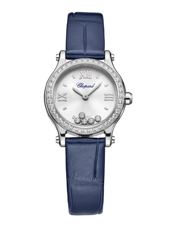 Happy Sport en acier, lunette sertie de diamants, 25 mm de diamètre, mouvement à quartz, bracelet en cuir © Chopard