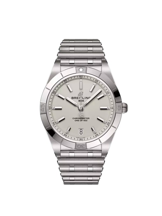 Chronomat 36 Victoria Beckham en acier, cadran argent à index en diamants de synthèse taille baguette, mouvement automatique avec date par guichet, bracelet en acier. CHF 5'800.- © Breitling