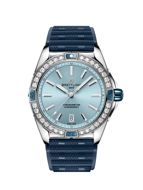 Super Chronomat 38 en acier, lunette sertie de diamants de synthèse, cadran argent, mouvement automatique avec date par guichet, bracelet en caoutchouc, CHF 9'700.- © Breitling