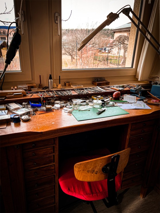  Henri Berney's workbench overlooking the village of l'Abbaye in the Vallée de Joux © Sophie Furley
