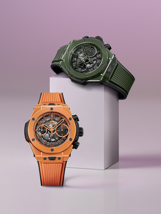 Big Bang Unico Orange Ceramic and Big Bang Unico Dark Green Ceramic © Hublot