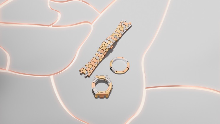 Chroma gold is presented on a 34 mm Royal Oak with a camouflage motif combining yellow, white and pink gold. © Courtesy of Audemars Piguetchroma gold is presented on a 34 mm Royal Oak with a camouflage motif combining yellow, white and pink gold. © Audemars Piguet