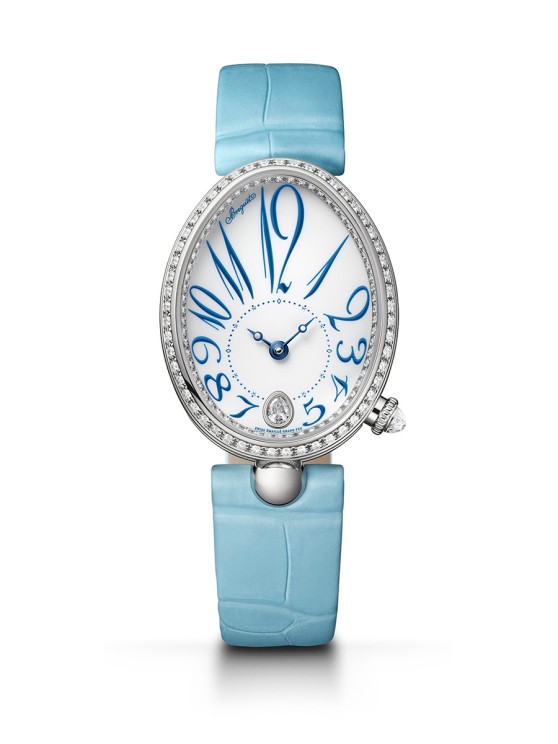 1-	Reine de Naples 8918 en or blanc, lunette sertie de diamants, cadran en émail grand feu, mouvement automatique, bracelet en cuir © Breguet
