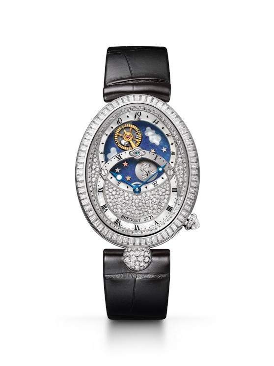 3-	Reine de Naples 8999 en or blanc sertie de diamants, cadran en or blanc serti de diamants, mouvement automatique avec indicateur jour-nuit, bracelet en cuir © Breguet