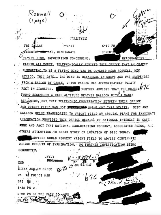 FBI Dallas Field Office's teletype from 1947 © FBI