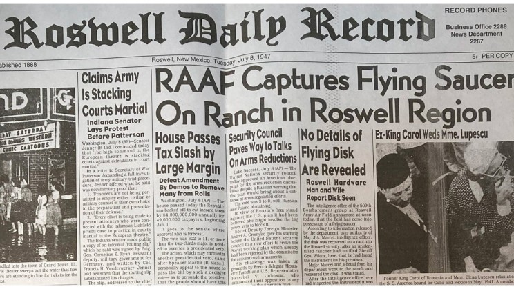 Roswell Daily Record (July 8, 1947) - RAAF Captures Flying Saucer On Ranch in Roswell Region © Roswell Daily Record