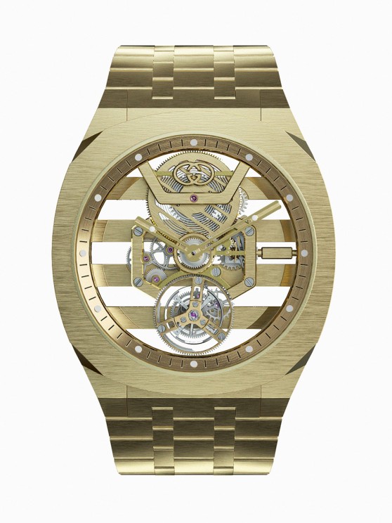 Gucci 25H en or jaune, 40 mm de diamètre, mouvement squelette à remontage manuel avec échappement à tourbillon, bracelet en or jaune ©&nbsp;Gucci