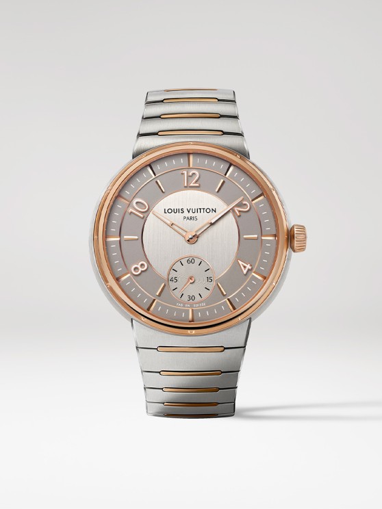 Tambour en acier et or rose, 40 mm de diamètre, cadran gris à deux tons, mouvement automatique avec petite seconde, bracelet en acier et or rose. CHF 26’000 © Louis Vuitton