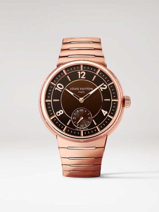 Tambour en or rose, 40 mm de diamètre, cadran brun à deux tons, mouvement automatique avec petite seconde, bracelet en or rose. CHF 51’500 ©&nbsp;Louis Vuitton
