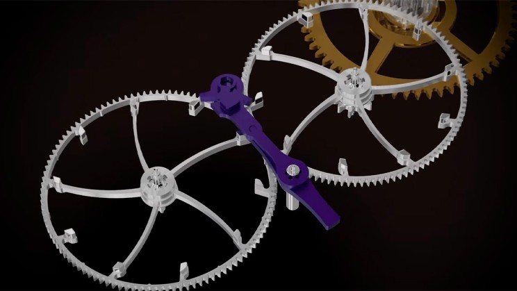 Laurent Ferrier's natural escapement with nickel phosphorus escape wheels and silicon detent lever © Laurent Ferrier