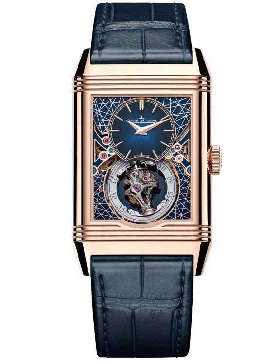 Reverso Hybris Artistica in rose gold, 51.2 x 31mm, manual-winding movement, hours and minutes on both dials, 24-hour indicator for the second time zone on the reverse dial, Gyrotourbillon visible on both dials, leather strap. Limited edition of 10 © Jaeger-LeCoultre
