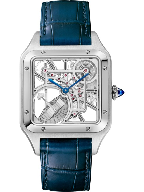 Santos Dumont en acier, 43, 5 x 31, 4 mm, mouvement squelette automatique, bracelet en cuir ©&nbsp;Cartier 