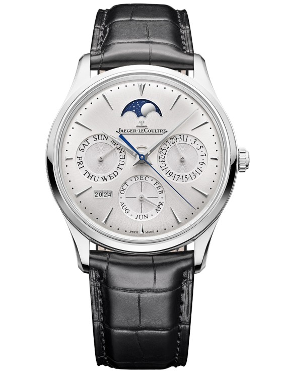 Master Ultra Thin Perpetual Calendar en acier, 39 mm de diamètre, mouvement automatique avec jour, date et mois sur compteurs auxiliaires, année bissextiles et année par guichets et indicateur des phases de Lune, bracelet en cuir © Jaeger-LeCoultre