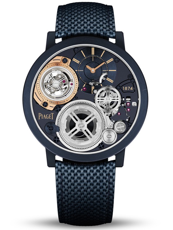 Altiplano Ultimate Concept Tourbillon 150th Anniversary en cobalt, 41,5 mm de diamètre, mouvement à remontage manuel avec échappement à tourbillon, heures et minutes décentrées et petite seconde, bracelet textile © Piaget