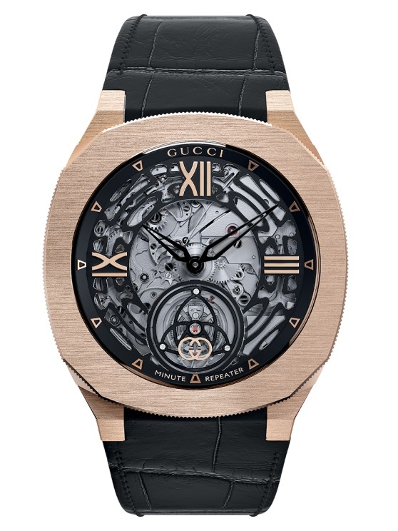 Gucci 25H en or rose, 40 mm de diamètre, mouvement squelette à remontage manuel avec répétition minutes, échappement à tourbillon et petite seconde, bracelet en alligator. Gucci High Watchmaking. Prix sur demande © Gucci