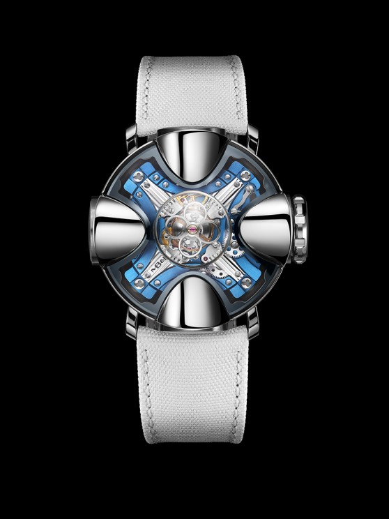 HM11 Architect en titane, 42 mm de diamètre, mouvement tridimensionnel à remontage manuel avec échappement à tourbillon, indicateur de réserve de marche et mesure de la température, bracelet en caoutchouc. Série limitée à 25 exemplaires. MB&F. CHF 198'000.- © MB&F