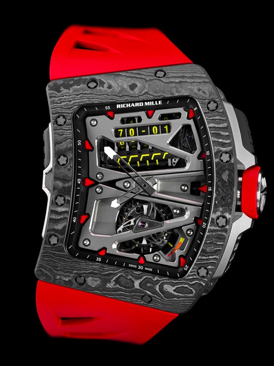 RM 70-01 en carbone TPT, 50 x 55 mm, mouvement à remontage manuel avec échappement à tourbillon, indicateur de réserve de marche et odomètre, bracelet en caoutchouc. Série limitée à 30 exemplaires ©&nbsp;Richard Mille