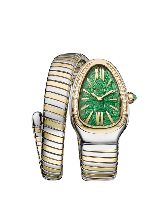 Serpenti Tubogas en or jaune, acier et diamants, 35 mm de diamètre, mouvement à quartz, bracelet en or jaune et acier ©&nbsp;Bulgari