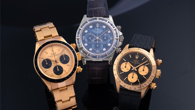   Rolex Ref. 6263, Cosmograph Daytona (LOT 302. EST: 80K - 140K CHF); Rolex Ref 16589, Daytona, Sodalite diamonds- set dial (LOT 205. EST: 150K - 250K CHF); Rolex, ref 6265/6263, Cosmograph Daytona (LOT 595. EST: 100K - 200K CHF)