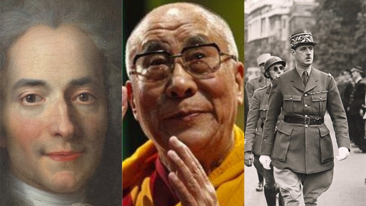 Voltaire, Dalaï Lama and Charles de Gaulle © Wikipedia, Le Matin, Fondation CDG