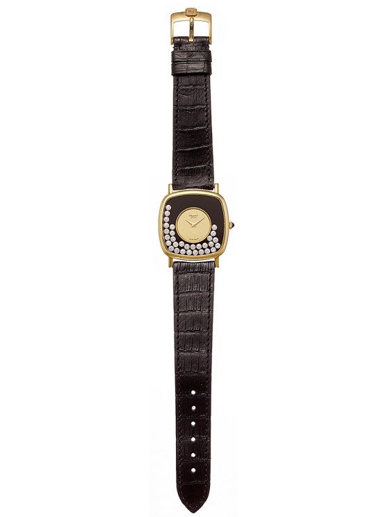 1.	La première version de la Happy Diamonds présentée en 1976, en or et de forme tonneau © Chopard