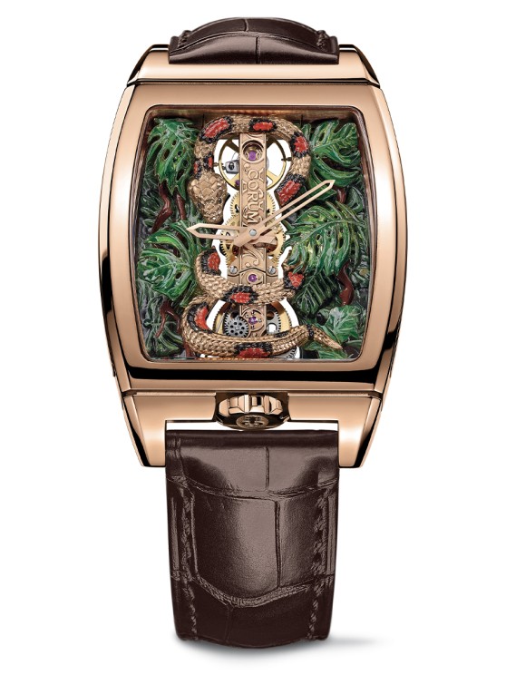 Golden Bridge Classic en or rose, 51 x 34 mm, cadran peint à la main, mouvement à remontage manuel, bracelet en cuir. Pièce unique © Corum