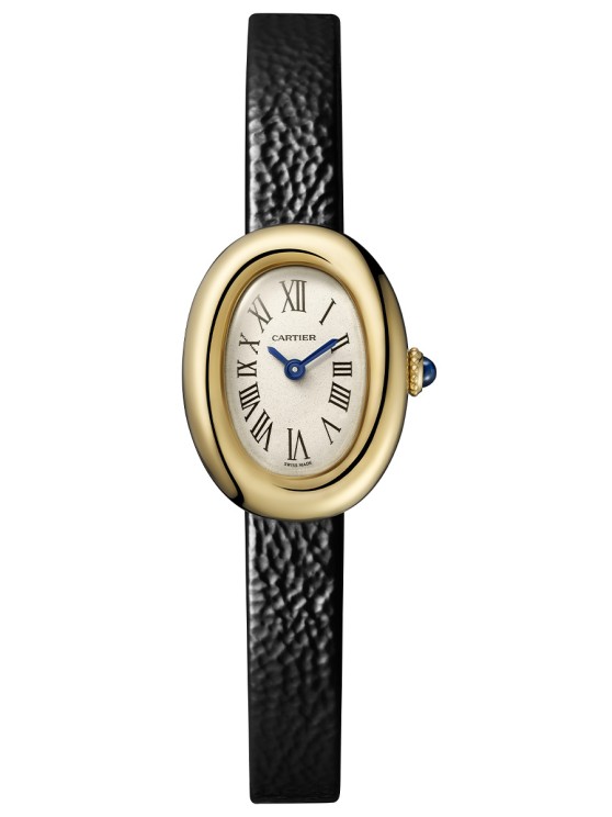  Baignoire mini modèle or jaune, mouvement à quartz, bracelet en cuir. © Cartier.