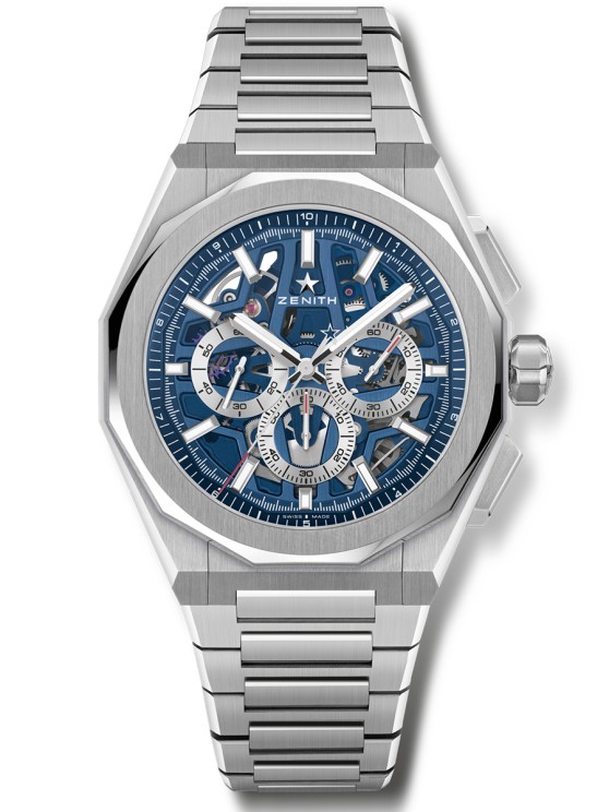 Defy Skiline en acier, 41 mm de diamètre, mouvement chronographe squelette automatique, bracelet en acier. © Zenith